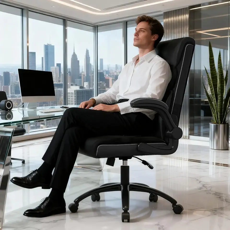 Synorla Office Chair, Executive Breathable Leather Chair with Adjustable Flip-up Armrests