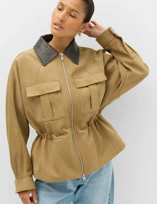 Utility-Jacke aus Wildlederimitat mit Kragen und Schößchen