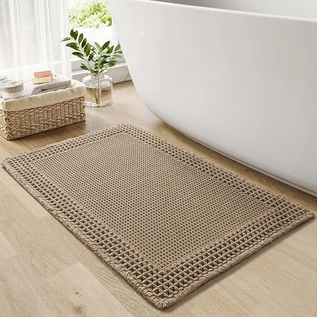 RESARE Waffle Bath Mat, Super Absorbent Non Slip, Machine Washable, Ultra Soft Boho Bath Rugs with Tassels, Upgraded Bordered Design, 17"x24" Brown
