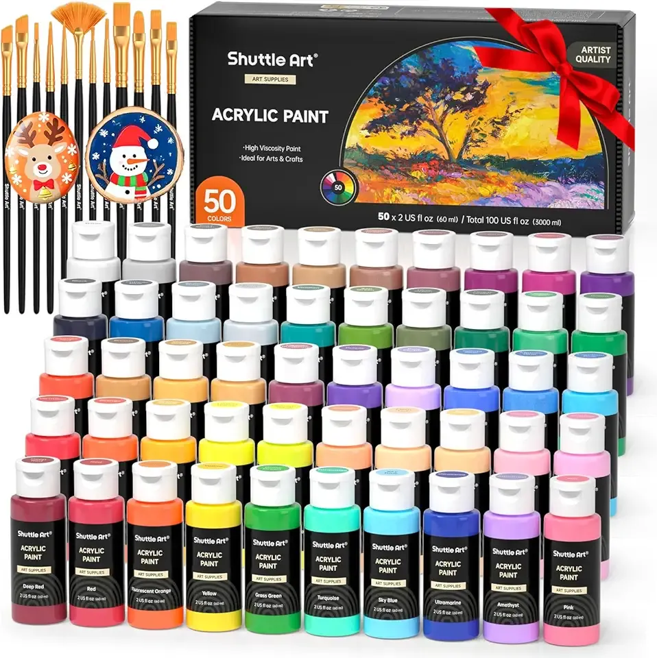 Shuttle Art Acrylic Paint, 50 Colors Acrylic Paint Set, 2oz/60ml Bottles, Rich Pigments, Water Proof, Premium for Artists, Beginners and Kids on Canvas Rocks Wood Ceramic Fabric