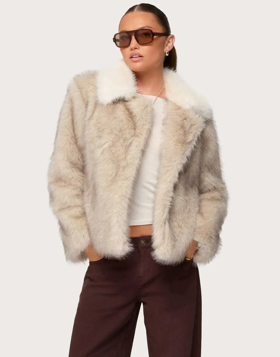 Edikted Contrast collar faux fur jacket in tan