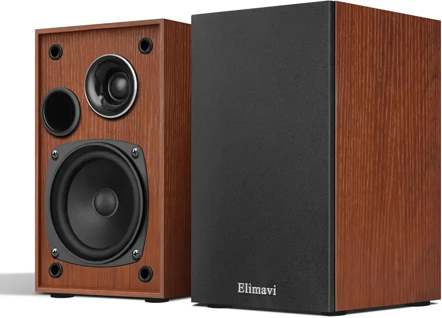 Elimavi Passive Bookshelf Speakers, Requires a Receiver or Amplifier, Brown | 2-Way Design with 4" Woofer & 1" Silk Horn Tweeter, 60Hz Bass, Rear Speakers for Home Theater Surround Sound, Cables included