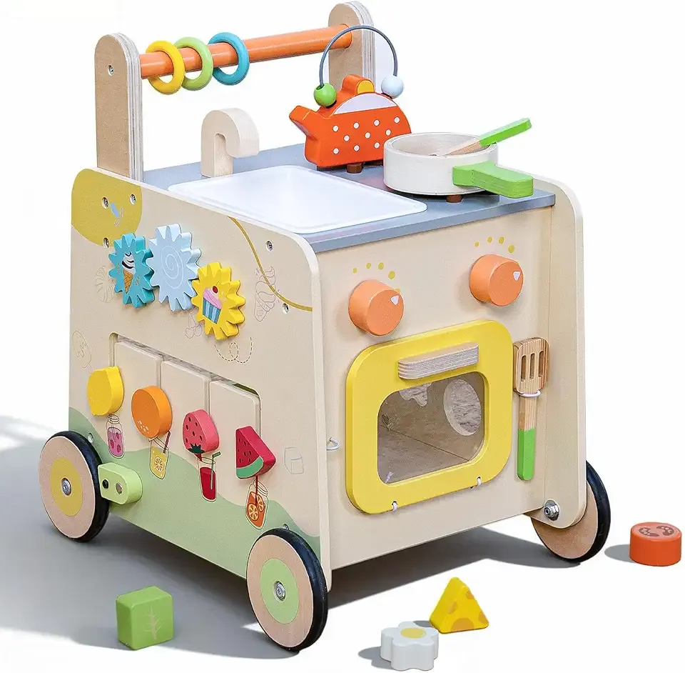 Wooden Baby Walker 3-in-1 Push Toy for Toddlers, Montessori Sensory Activity Center with Pretend Kitchen, Adjustable Speed Learning Walker, Safe Wooden Toy, Ideal Gift for Boys and Girls