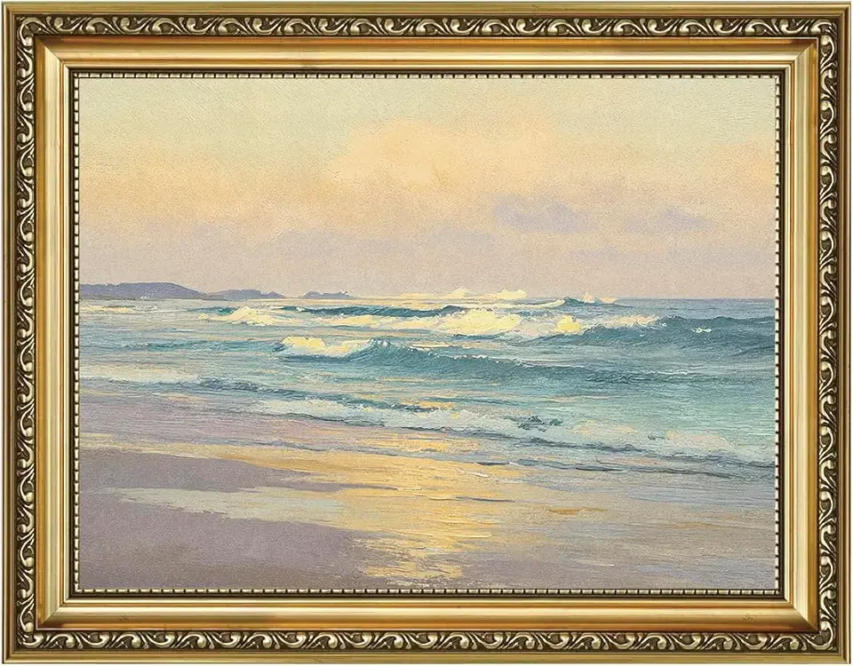 HEREALITY Gold Framed Vintage Coastal Wall Art for Bathroom, Vintage Boho Coastal Beach Art Wall Decor, Artwork for Bathroom Living Room Farmhouse Office Cottage Core Office Decor Small L10 x W8