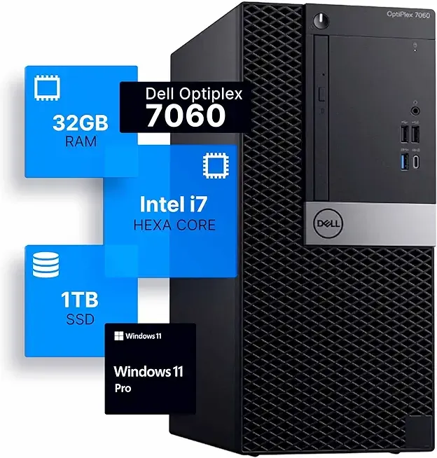 Dell Optiplex 7060 Tower Desktop Computer | Intel i7-8700 (3.4) | 32GB DDR4 RAM | 1TB SSD Solid State | Windows 11 Professional | Home or Office PC (Renewed)