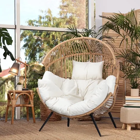 Deal Walsunny Egg Chairs Outdoor Patio Wicker Oversized Egg Shell Lounger Lawn Chair with Cushion for Indoor Outside Porch Balcony Backyard,Original Wood Color Rattan Beige Cushion