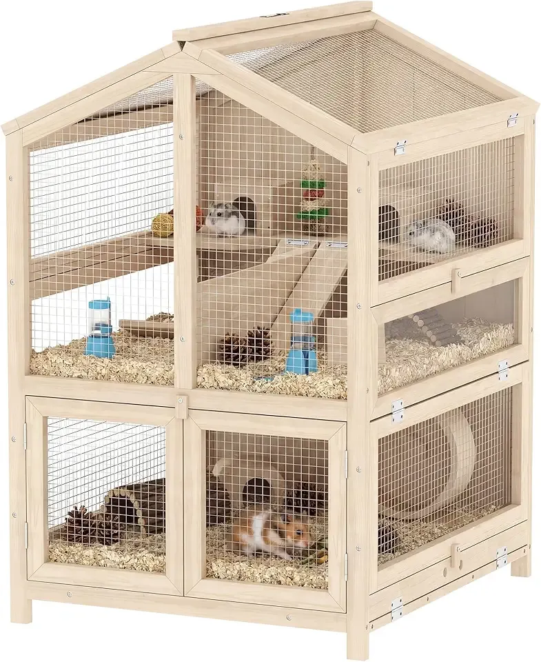 PawHut Wooden Hamster Cage, Large 3 Tier Hamster Cage w/Pull-Out Tray, Openable Tops, Huts, Seesaws, Ramps, Water Bowls, for Small Animals, Guinea Pigs, Rats, Bunnies, Gerbils, 26.8" x 24.2" x 35.4"