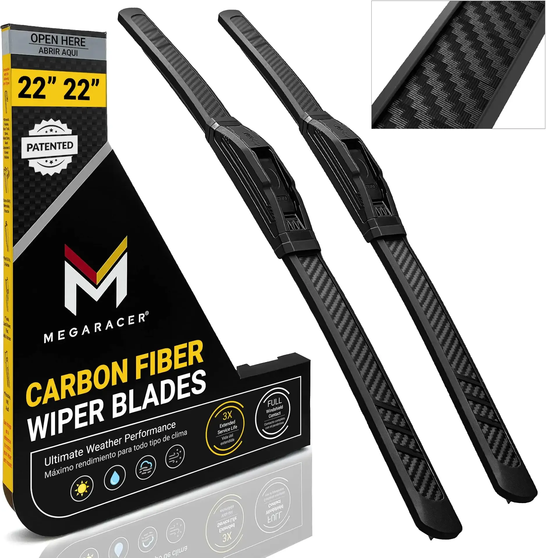 Premium Silicone Carbon Fiber Windshield Wiper Blades 22" & 22" - Patented All-Season, Quiet & Smooth Streak-Free Clean Wipe, OEM Quality, Front Automotive Replacement Wipers for Car & Truck (2 Pack)