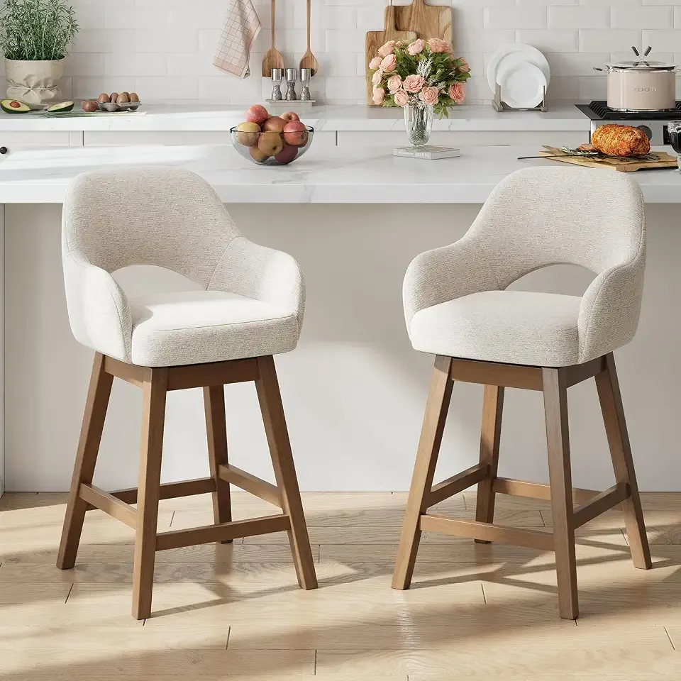 Swivel Bar Stools Set of 2, Modern Fabric Upholstered Counter Height Stools with Arms, Open Back, Wood Legs for Kitchen Island Dining Room, Beige