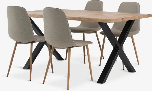 ROSLEV + BISTRUP ROSLEV L160 tafel naturel eiken + 4 BISTRUP stoelen zand