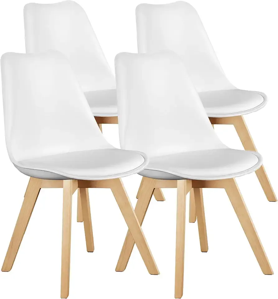 OLIXIS Set of 4 Dining Kitchen Mid-Century Modern Chairs with Wood Legs and PU Leather Cushion for Living Room Bedroom Outdoor Lounge, White