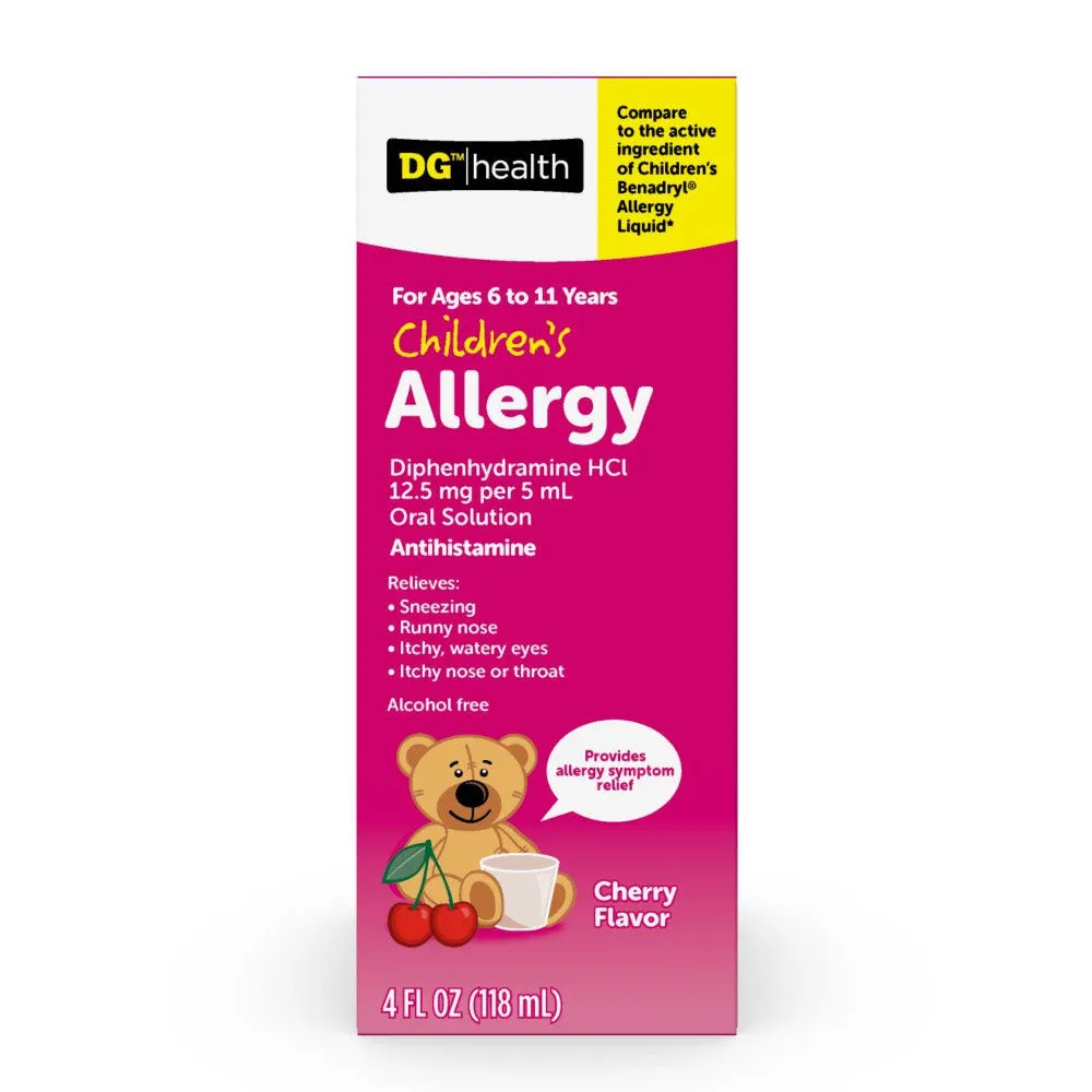 DG HEALTH Children's Allergy Relief Liquid Medicine with Diphenhydramine HCl, Cherry Flavor, 4.0 Ounce