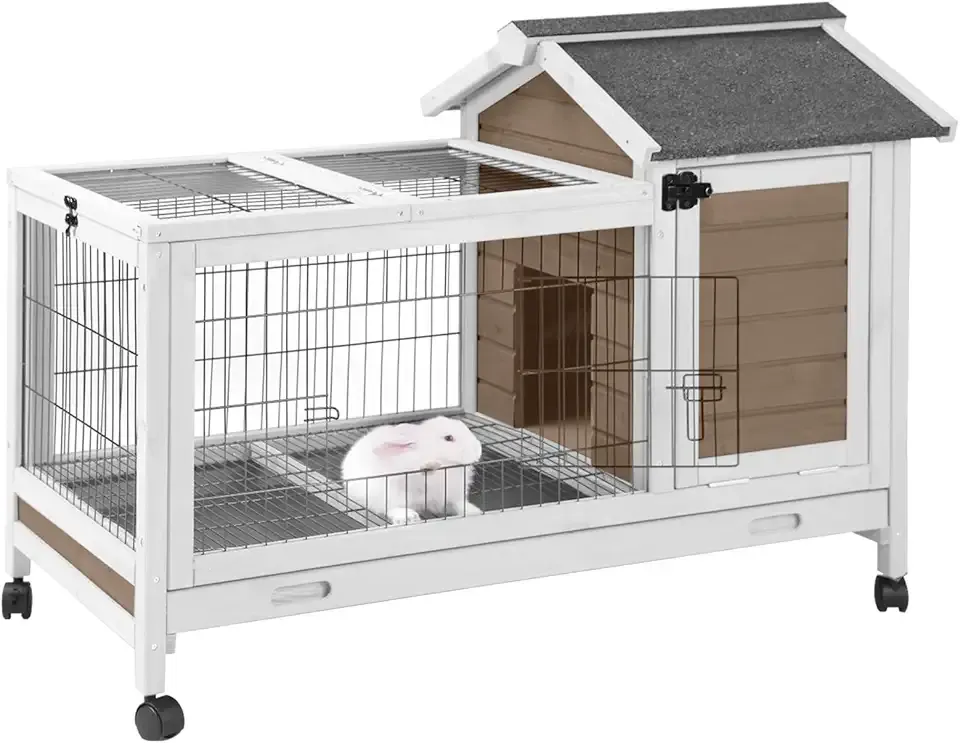 Wooden Rabbit Hutch Indoor and Outdoor, Rabbit Cage with Removable Wire Netting and Leak Proof Tray, Mobile Bunny Cage with Wheels (Brown)