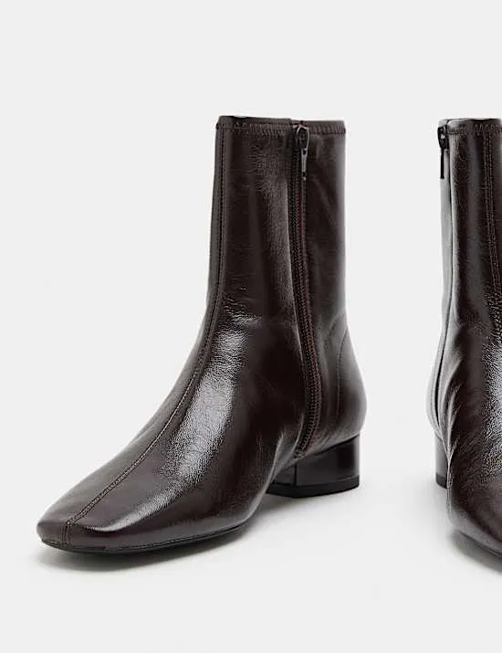 Leather Block Heel Chisel Toe Sock Boots