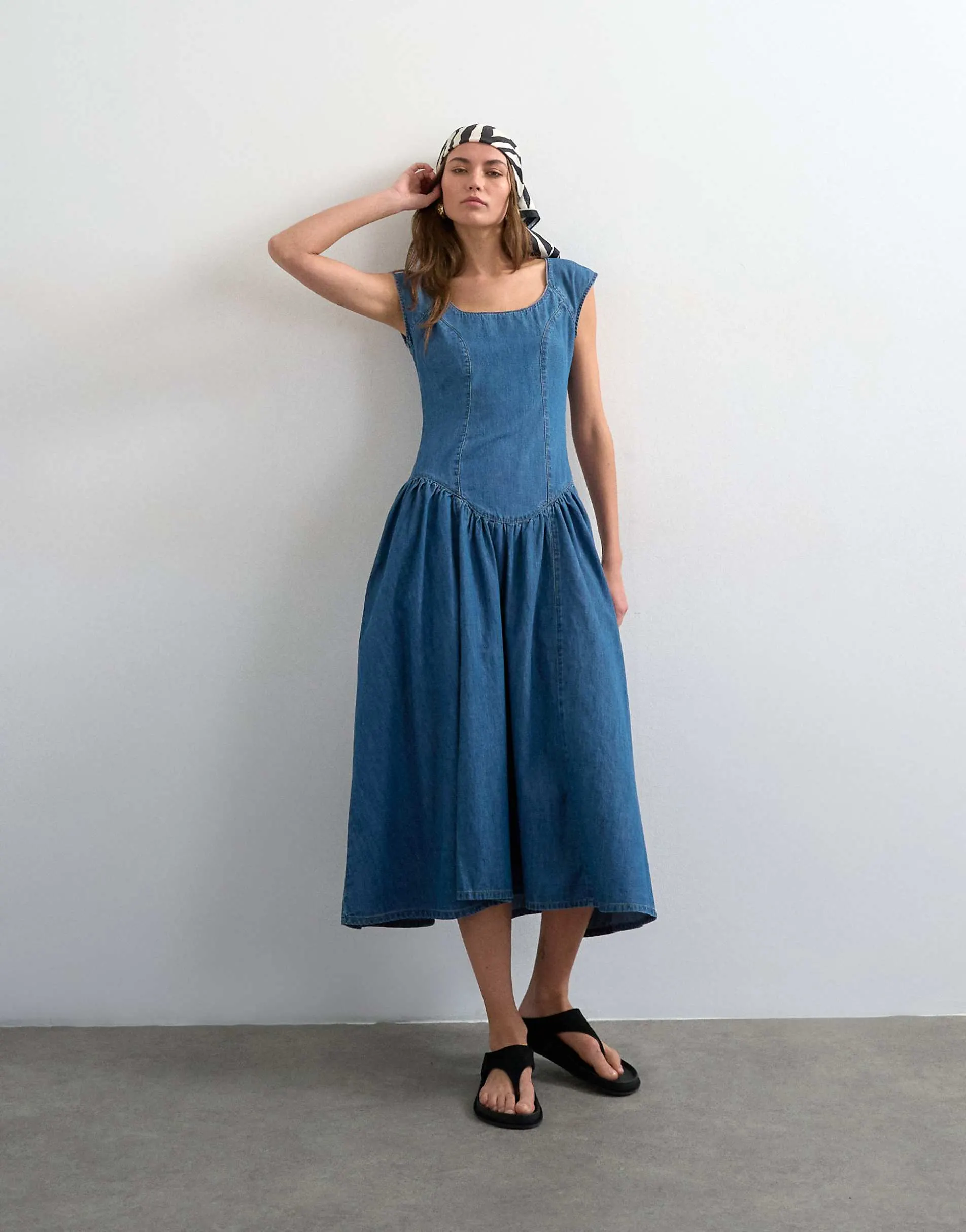 Topshop denim drop waist midi dress in indigo rinse