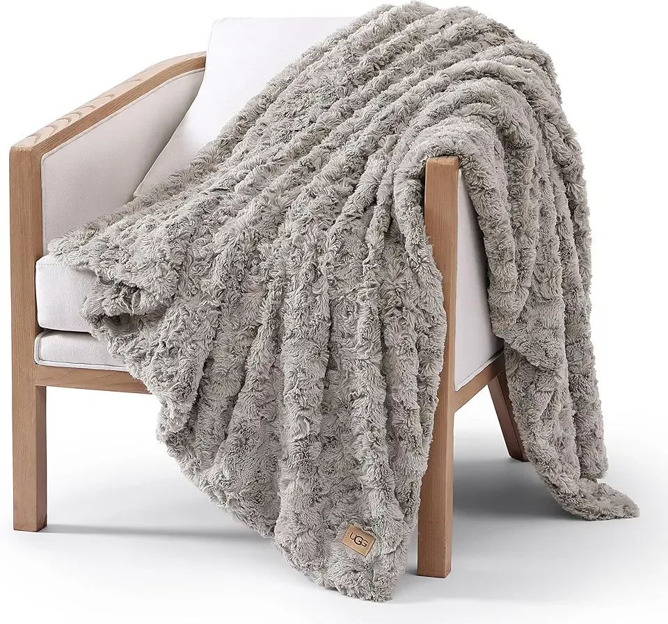 UGG Adalee Faux Fur Throw Blanket Luxury Lightweight Cozy Soft Throw for Couch Bed or Chair Hypoallergenic Machine Washable Double-Sided Fluffy Blanket Home Decor, 50-inch x 70-inch, Seal Grey