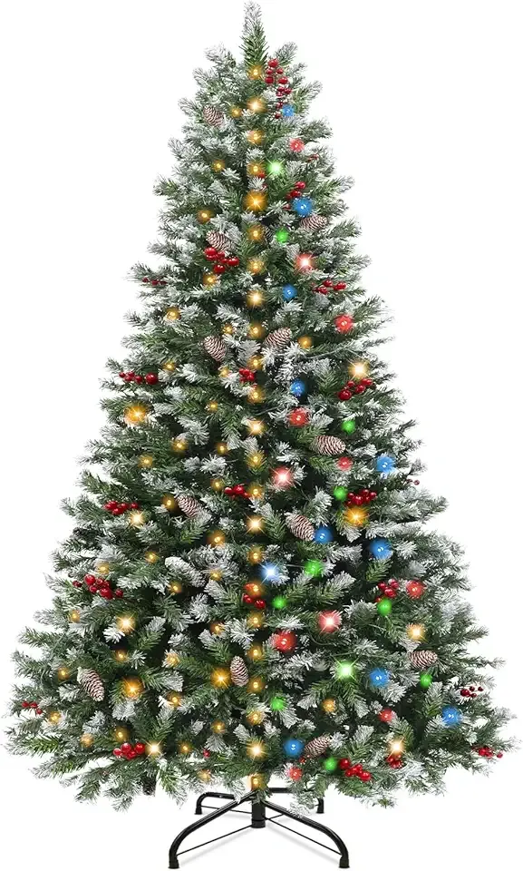 Prelit & Snowy 6 Ft Full Christmas Tree with Lights 250 LED Warm White & Multicolor 800 Frosted Tips 8 Modes Timer Pinecones Red Berry Hinged Artificial Xmas Tree for Christmas Home Holiday Decor