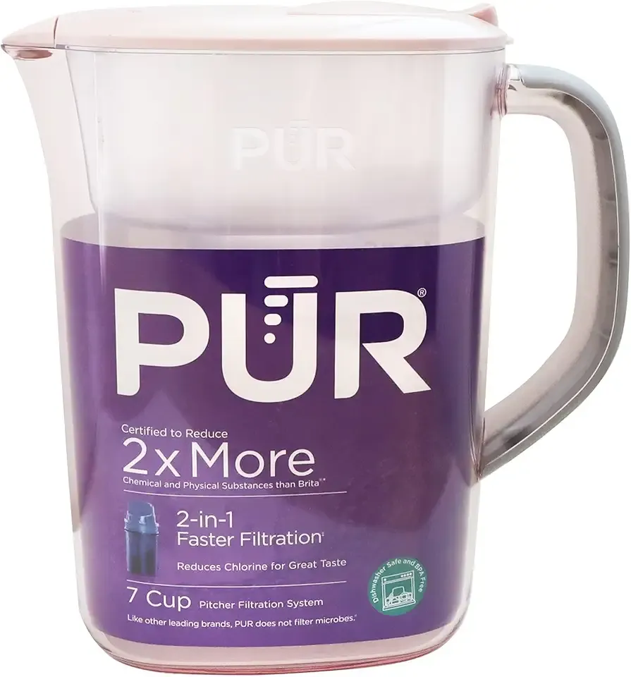 PUR 7-Cup Water Pitcher, 1 Genuine Filter, Cleaner, Great-tasting Water, Dishwasher Safe, Powerful, Faster Filtration, LockFit Cap Design - Blush
