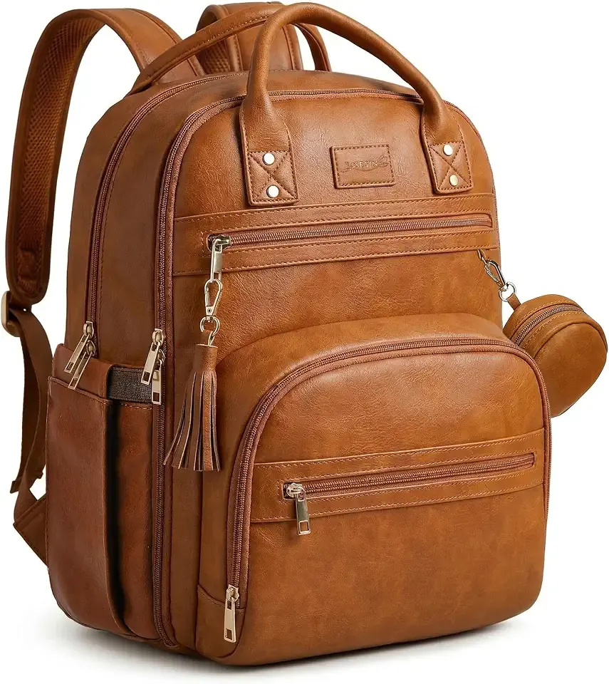 ROSEGIN Premium Vegan Leather Diaper Bag Backpack with Waterproof Changing Pad, Reinforced Zippers & Odor-Free, 20 Pockets Pro Organizer, Fits 15.6" Laptop, Stroller Straps, Baby Bag for Mom, Brown