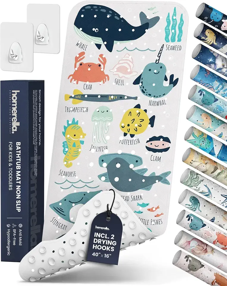 Bath Tub Mat Non Slip Anti Mold for Kids BPA Free INCL Hooks - homerella® Ocean Sea Animals 40x16, Baby Bath Mat Non Slip 200 Suction Cups, Non Toxic Machine Washable Toddler Bath Mat, EU Certified