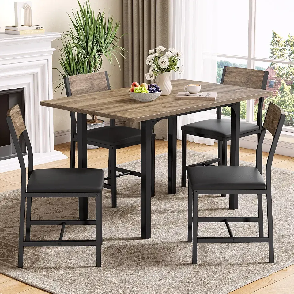 IRONCK 5-Piece Dining Table Set for 4, Extendable Kitchen Table Chairs Set of 4, Dining Room Table with 4 Upholstered Chairs, Folding for Small Space, Apartment, Walnut
