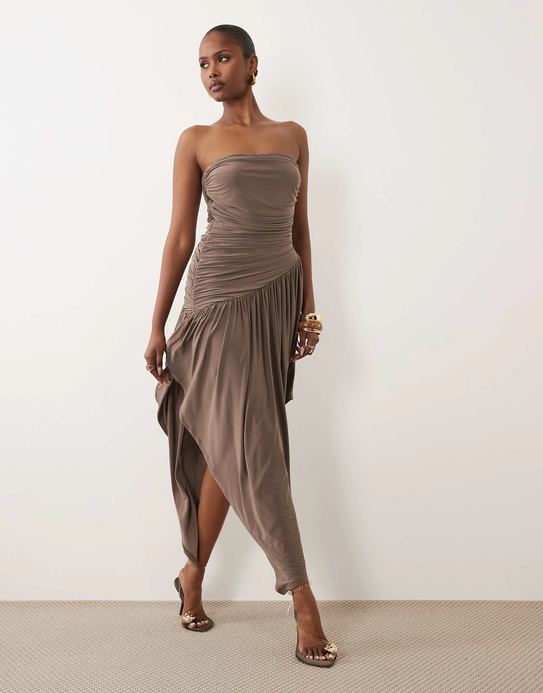 ASOS DESIGN ruched bandeau hanky hem slinky midi dress in grey
