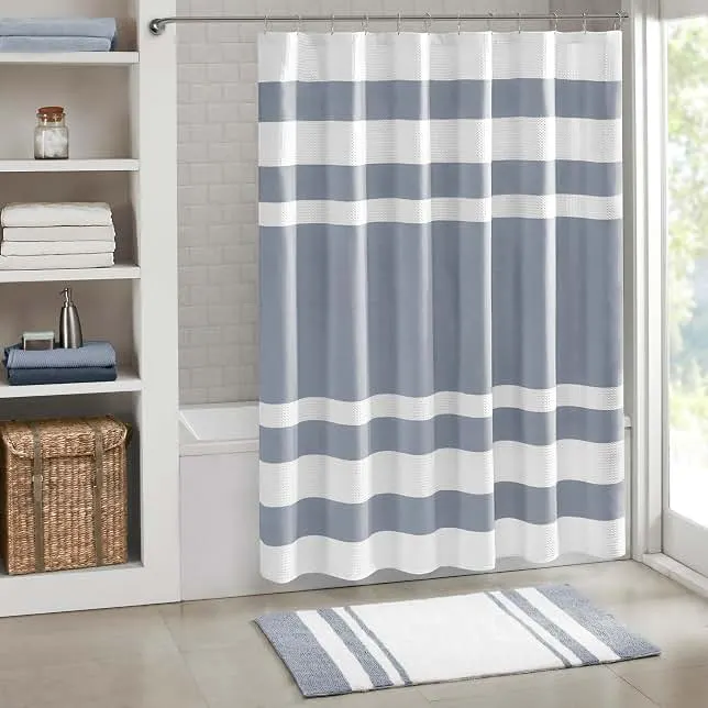 Madison Park Spa Waffle Shower Curtain Pieced Fabric with 3M Scotchgard Moisture Management, Premium Spa Quality Modern Shower Curtains for Bathroom, Standard 72x72, Indigo Blue