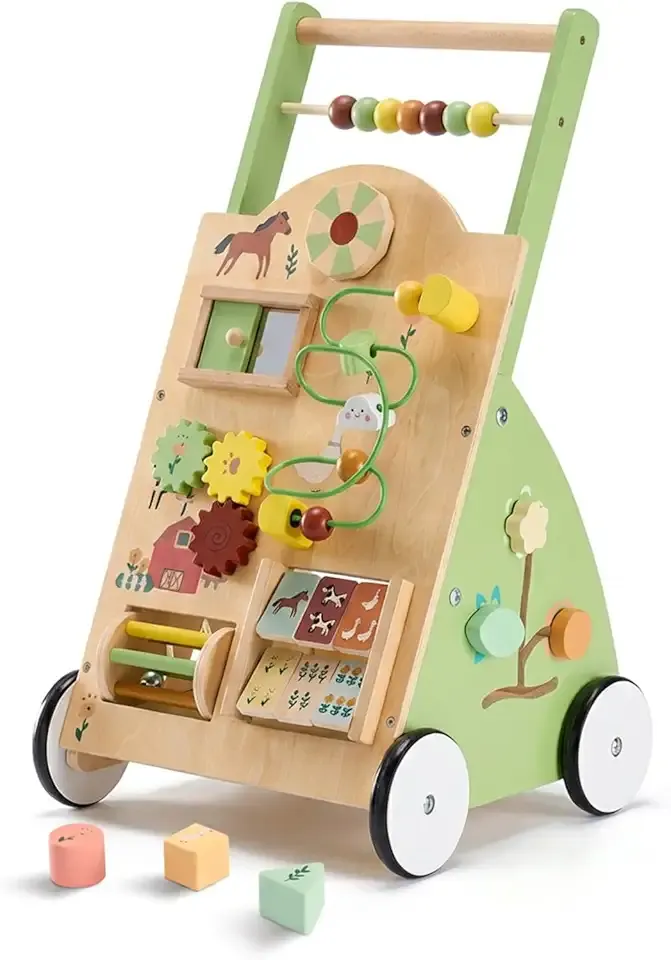 DUMOS Wooden Baby Push Walker, Montessori Activity Toys with Adjustable Speed for 1 Year Old, Silent Rubber Wheels, Green