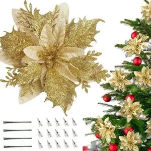20 piezas de decoraciones navideñas, flores artificiales de Navidad con clips, decoración de árbol de Navidad, flores artificiales con purpurina