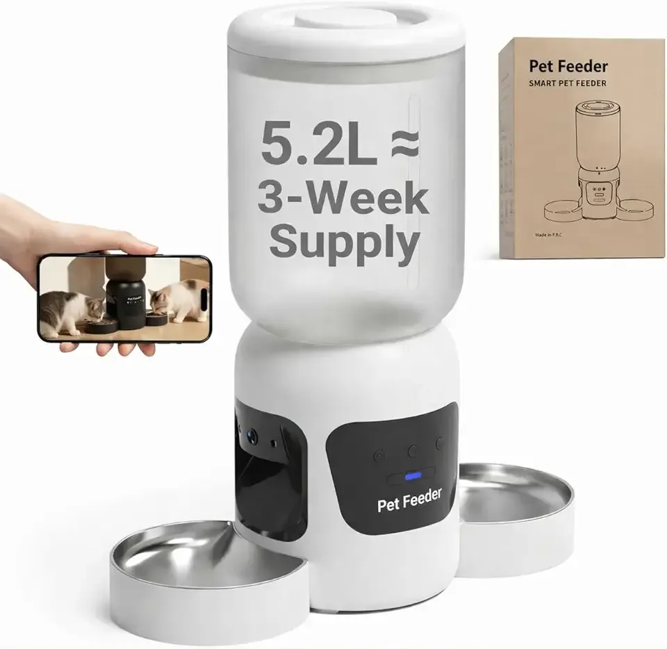Automatic Cat Feeder with 2MP Dual Camera,170°Wide Angle Night Vision,APP Remote Control Custom Meal Schedule,2.4G/5G WiFi Pet Food Dispenser with 2-Way Audio,Low Food Sensor,5.2L for Cats Dogs,White
