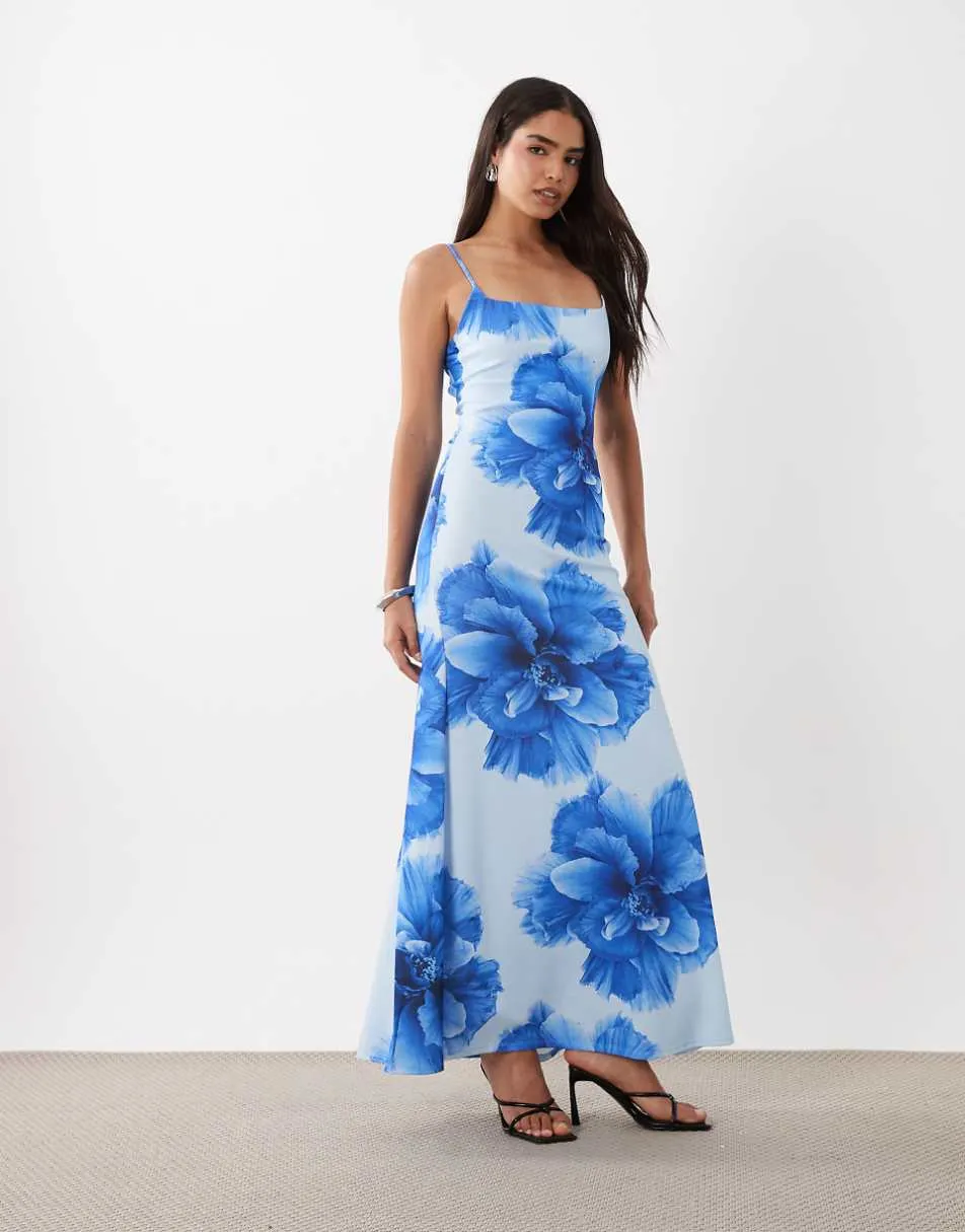 ASOS DESIGN square neck maxi with open lace up back in blue floral