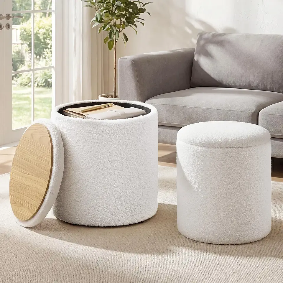 Vanity Stool, Set of 2, Round Storage Ottoman, Small Ottoman Coffee Table, Foot Stool, Removable Lid, for Living Room, Bedroom, Hallway, Easy Assembly, Teddy Fleece, Cream White ULOM013WD01