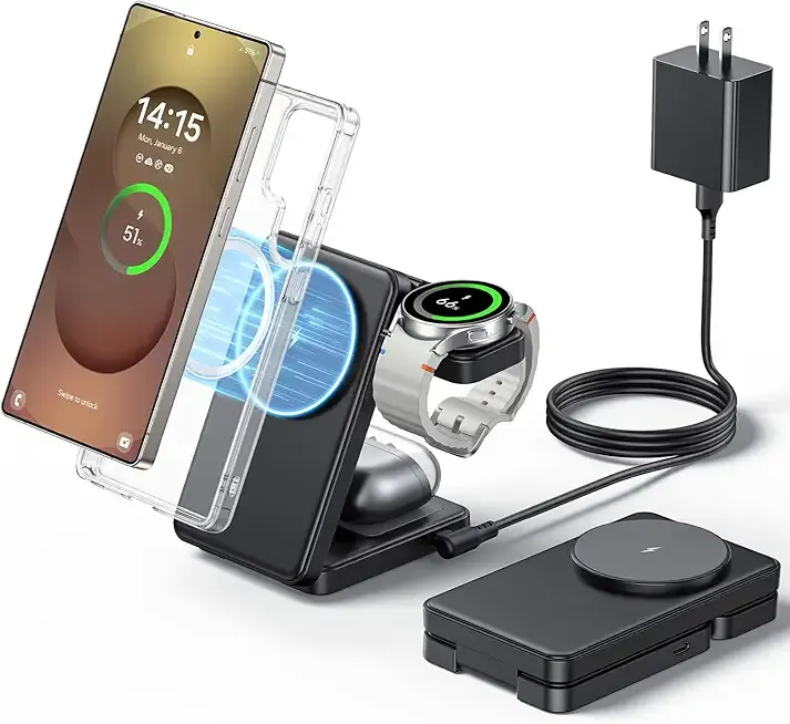 3 in 1 Magnetic Foldable Wireless Charger for Samsung, Fast Mag-Safe Charging Station for Galaxy S25 S24 S23 Ultra Plus/Z Fold/Z Flip 7/6/5, Charger Stand for Galaxy Watch Ultra /8/7/6/5/Pro, for Buds