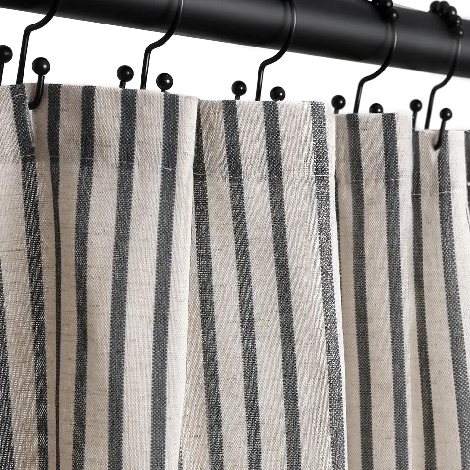 Farmhouse Striped Shower Curtain - 72x72 Inches, Linen Blend Fabric, Breathable & Machine Washable, Rustic Black for Bathroom Decor (Hooks/Liner Not Included)