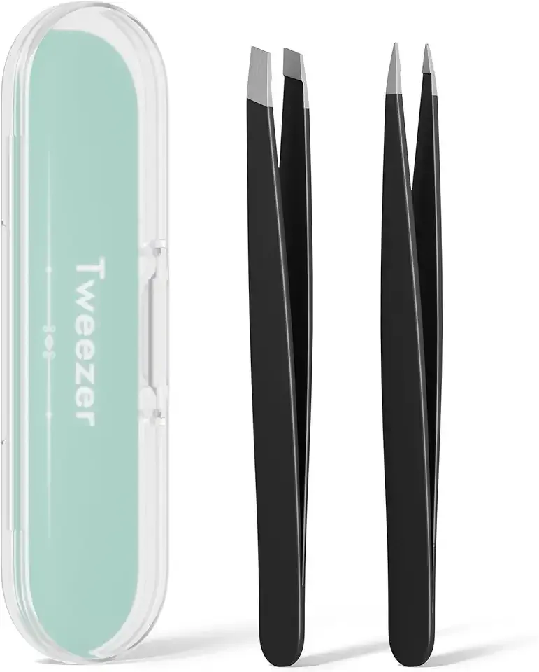 Tweezers for Women Facial Hair, Slant & Point Tip 2 Pack Eyebrow Tweezers for Men, Professional Tweezer Set Stainless Steel Precision Tweezers for Eyebrows, Splinter, Ingrown Hair Removal