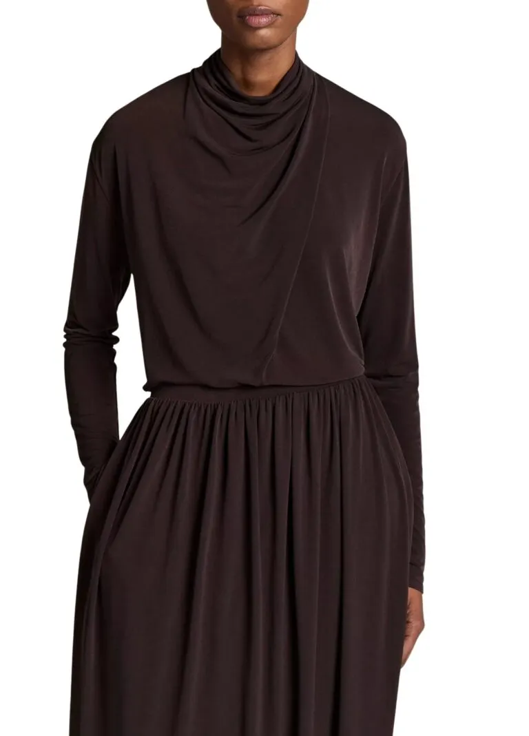 Draped-Neck Long-Sleeve Top - Mørkebrun