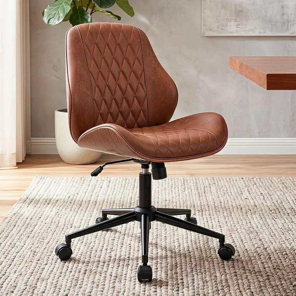 BestGlory Modern Faux Leather Office Chair, Armless Desk Chair, Home Office | Diamond Stitching, Rocking, Walnut Accents, Adjustable Height, 360° Swivel, Rolling, 300 lbs Capacity, Computer Chair