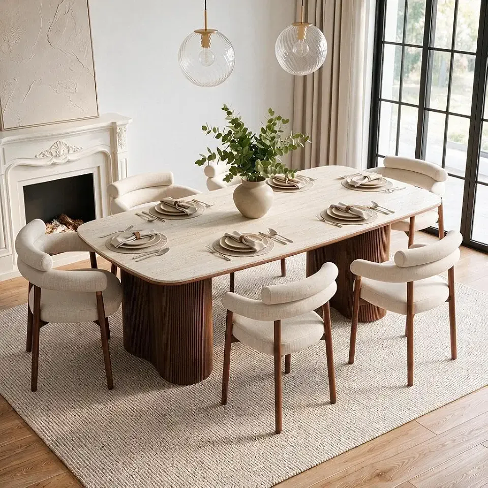 Honyee Sintered Stone Dining Table Set with 6 Chairs, 78.7" Rectangular Kitchen Table with Upholstered Chairs, Real Travertine Top, Walnut Pedestal Base, 7-Piece Modern Kitchen & Dining Room Set