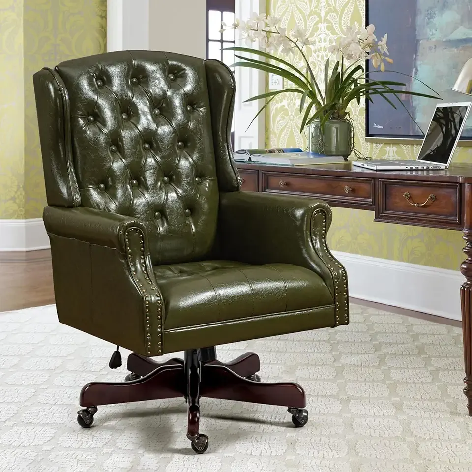 ECOTOUGE Tufted Office Chair, Faux Leather Executive Desk Chair w/High Back & Nail Head Trim, Ergonomic Wingback PC Chair for Home, Office and Living Room, Green