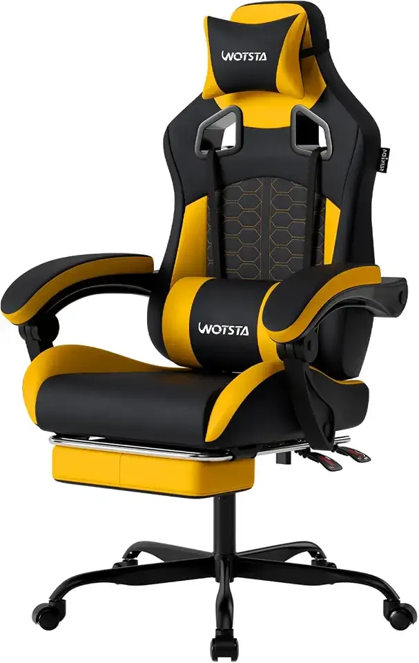 Gaming Chair with Massage,Ergonomic PC Gaming Chair with Footrest Comfortable Headrest and Lumbar Support,High Back Game Chair PVC Leather,300LBS (Sunflower Yellow)