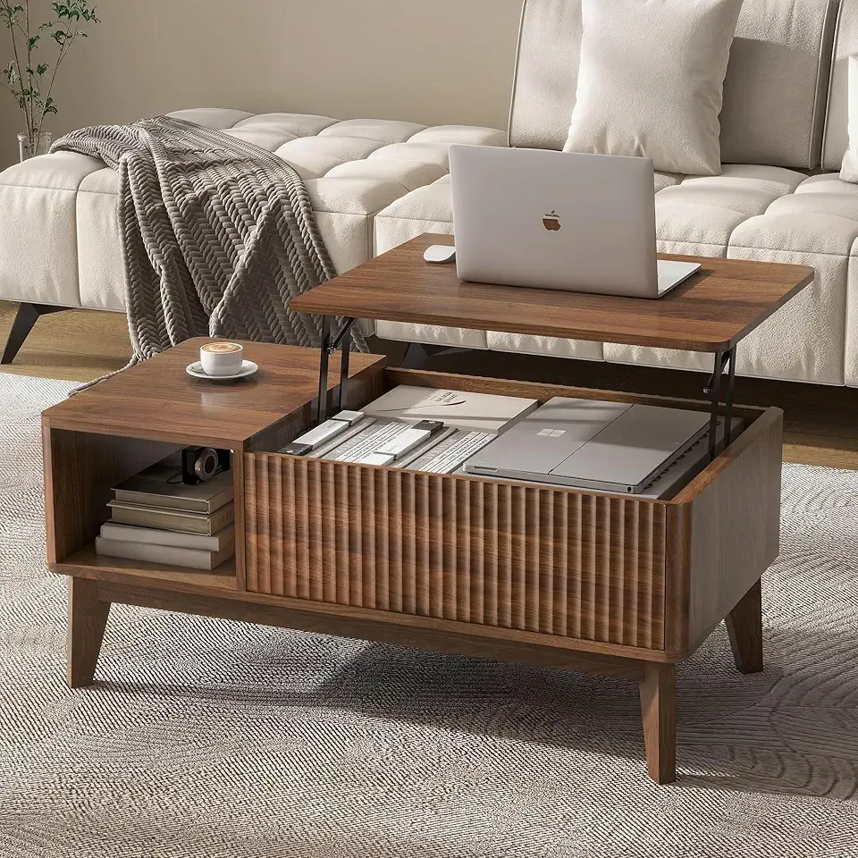 LYNCOHOME Fluted Lift Top Coffee Table with Hidden Compartment, Modern Center Table for Living Room, Home Office(Walnut)