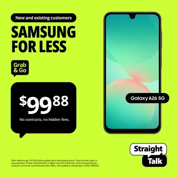Rollback Straight Talk Samsung Galaxy A26, 5G, 128GB, Black - Prepaid Smartphone [Locked to Straight Talk] $99.88 Was $149.00