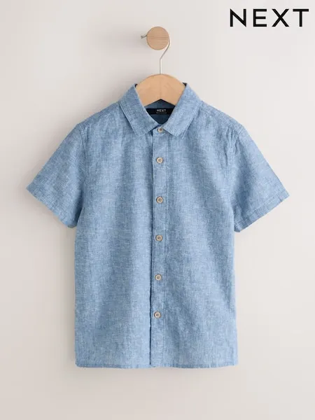 Denim Blue Short Sleeve Linen Blend Shirt (3-16yrs)