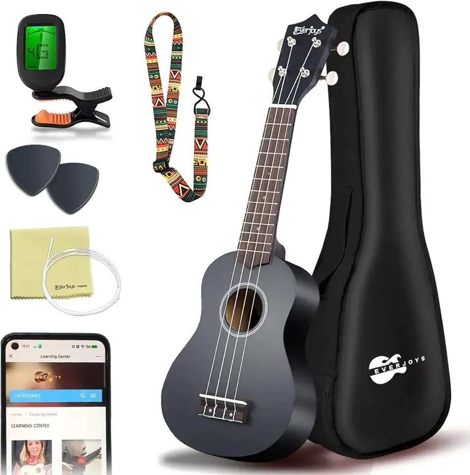 Everjoys Soprano Ukulele Beginner Kit 21 Inch w/Free Online Lesson Gig Bag Tuner Picks Strap, Fast to Learn (Black)