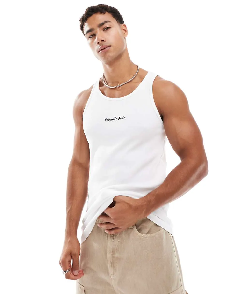 Jack & Jones ribbed singlet with embroidery in white