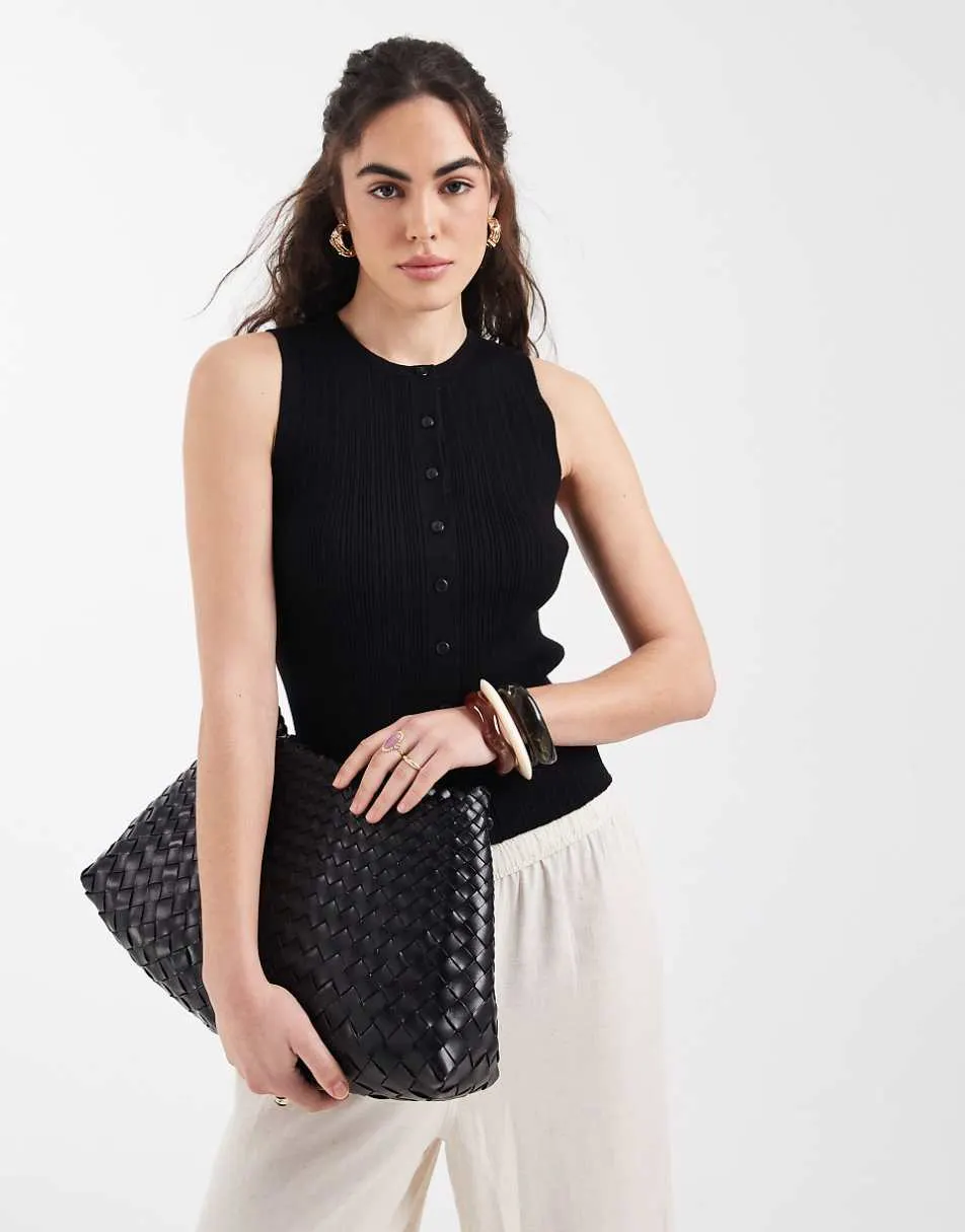 New Look ribbed knitted button down vest in black