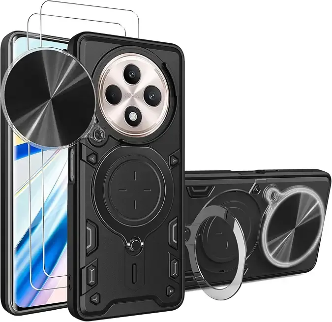 Phone Case for Oppo Reno12 F 5G Case with Glass Screen Protector, [2 Pack] Built Slide Camera Protection Cover,Military Heavy Duty Full Body Protective Phone Case - Black