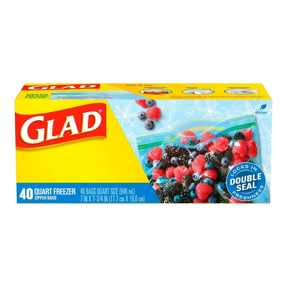 Glad Zipper Freezer Storage Plastic Bags, Quart, 40 Count