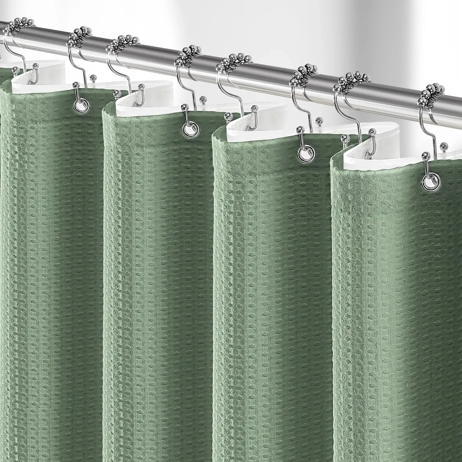 Dynamene 3 in 1 Waffle Shower Curtain Set with PEVA Liner 72x72 Sage Green | 256GSM Heavy Duty Fabric, Waterproof Clear Liner, Hotel Luxury Weighted Cloth Shower Curtains for Bathroom, 12 Plastic Hooks