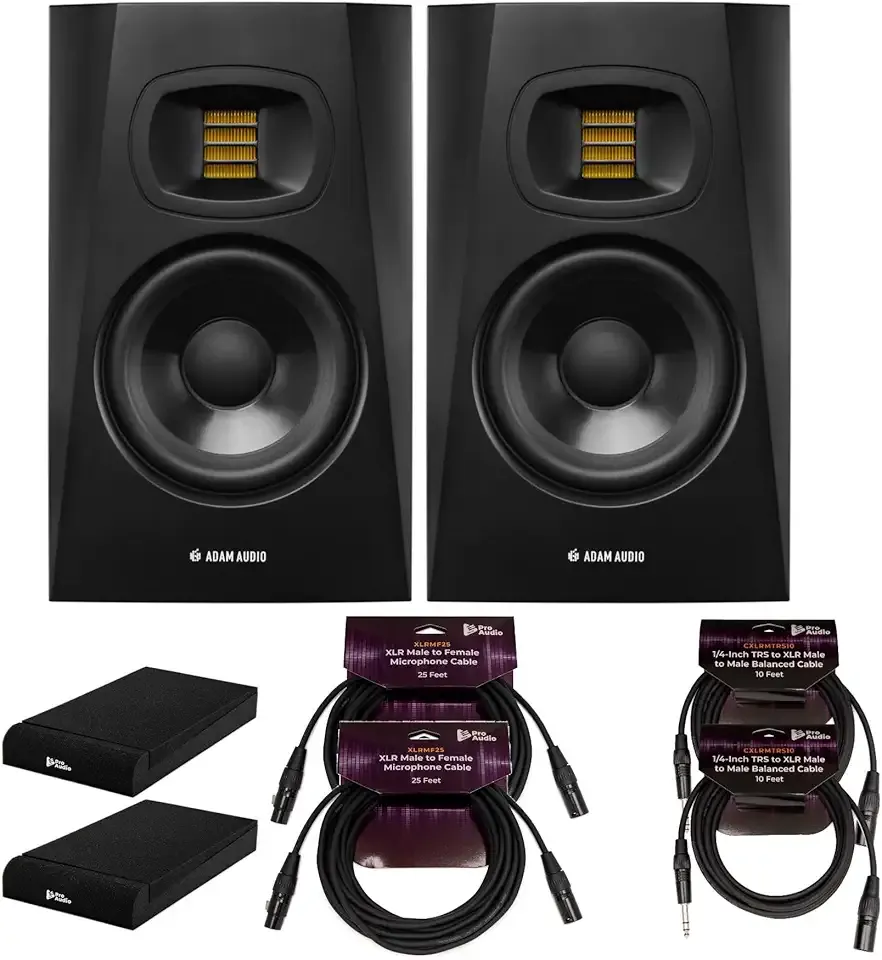 ADAM Audio T5V 5-Inch Powered Studio Monitor (2-Pack) Bundle with Isolation Pads, 1/4-Inch TRS to XLR Male to Male Balanced Cable (10-Feet, 2-Pack) and 25-Feet XLR Cable (6 Items)
